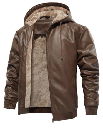 Men's Hooded Warm PU Leather Coat