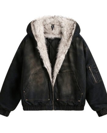 Distressed Dirty Denim Hooded Cotton Coat Jacket Winter Men