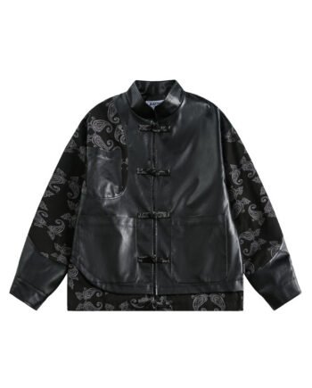 Spring New Chinese Stitching Buckle Stand Collar PU Leather Jacket