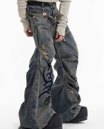 Retro Washed Distressed Zipper Embroidered Pleated Mopping Jeans