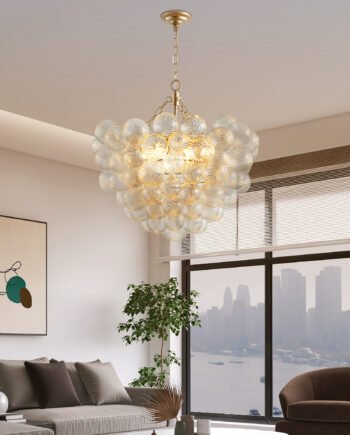 23.6-Inch Gold Pendant Light Chandelier With Threaded Clear Glass Globe Shade - Adjustable Height, Ideal For Living Room, Dining Room, Kitchen  No Bulbs